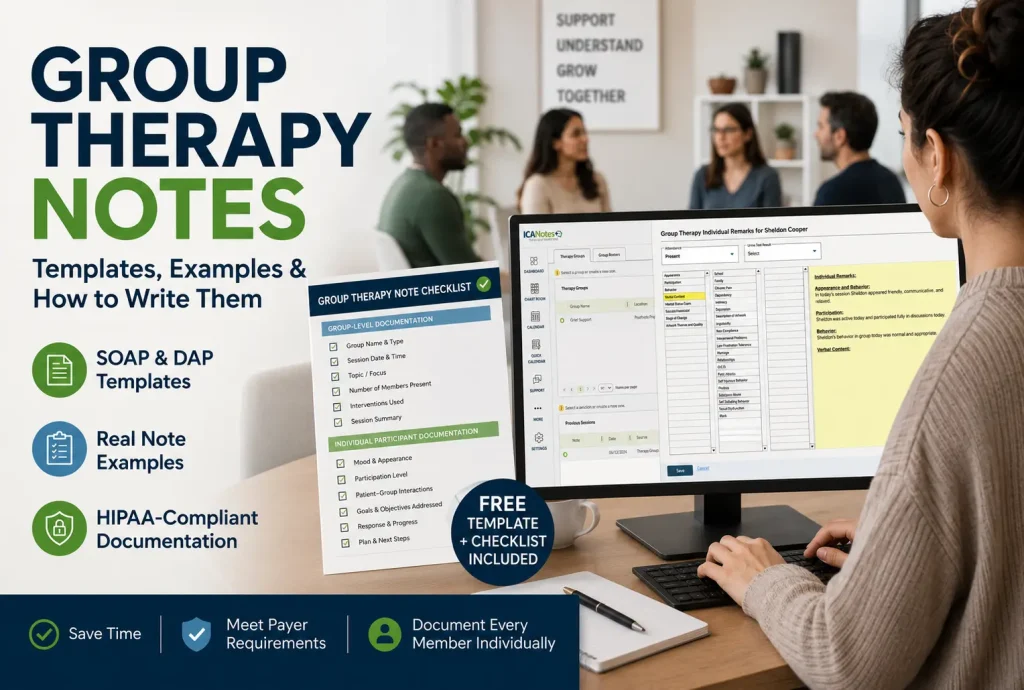 Behavioral health clinician documenting group therapy notes using SOAP templates and group therapy documentation software