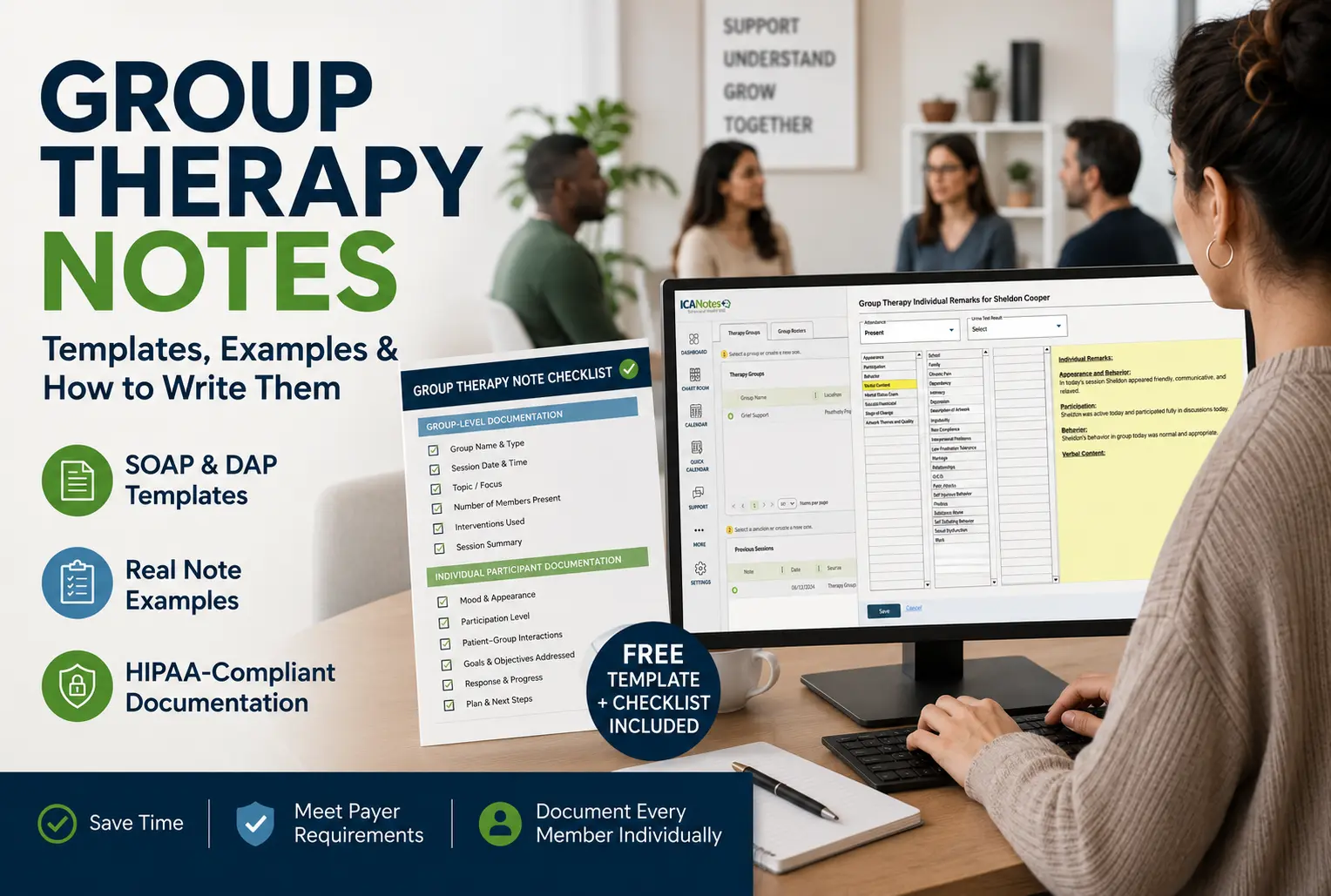 Behavioral health clinician documenting group therapy notes using SOAP templates and group therapy documentation software