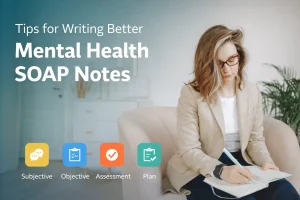 Infographic showing tips for writing mental health SOAP notes with sections for Subjective, Objective, Assessment, and Plan.