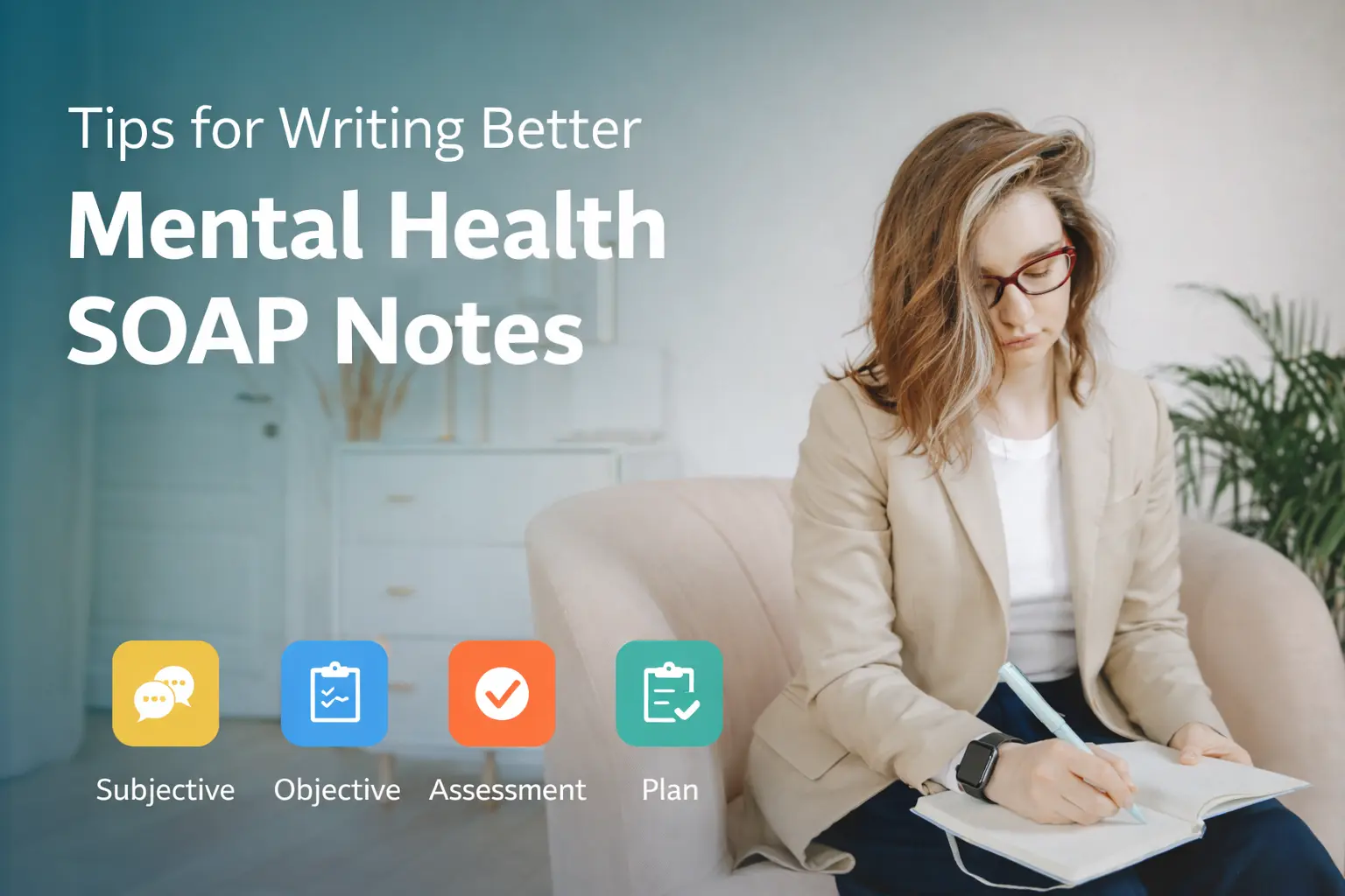 Infographic showing tips for writing mental health SOAP notes with sections for Subjective, Objective, Assessment, and Plan.