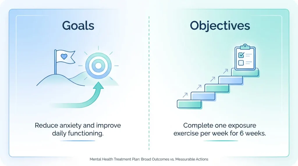 Goals vs objectives in a mental health treatment plan, showing outcomes versus measurable steps