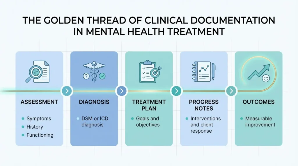 Golden thread of mental health documentation connecting assessment diagnosis treatment plan progress notes and outcomes