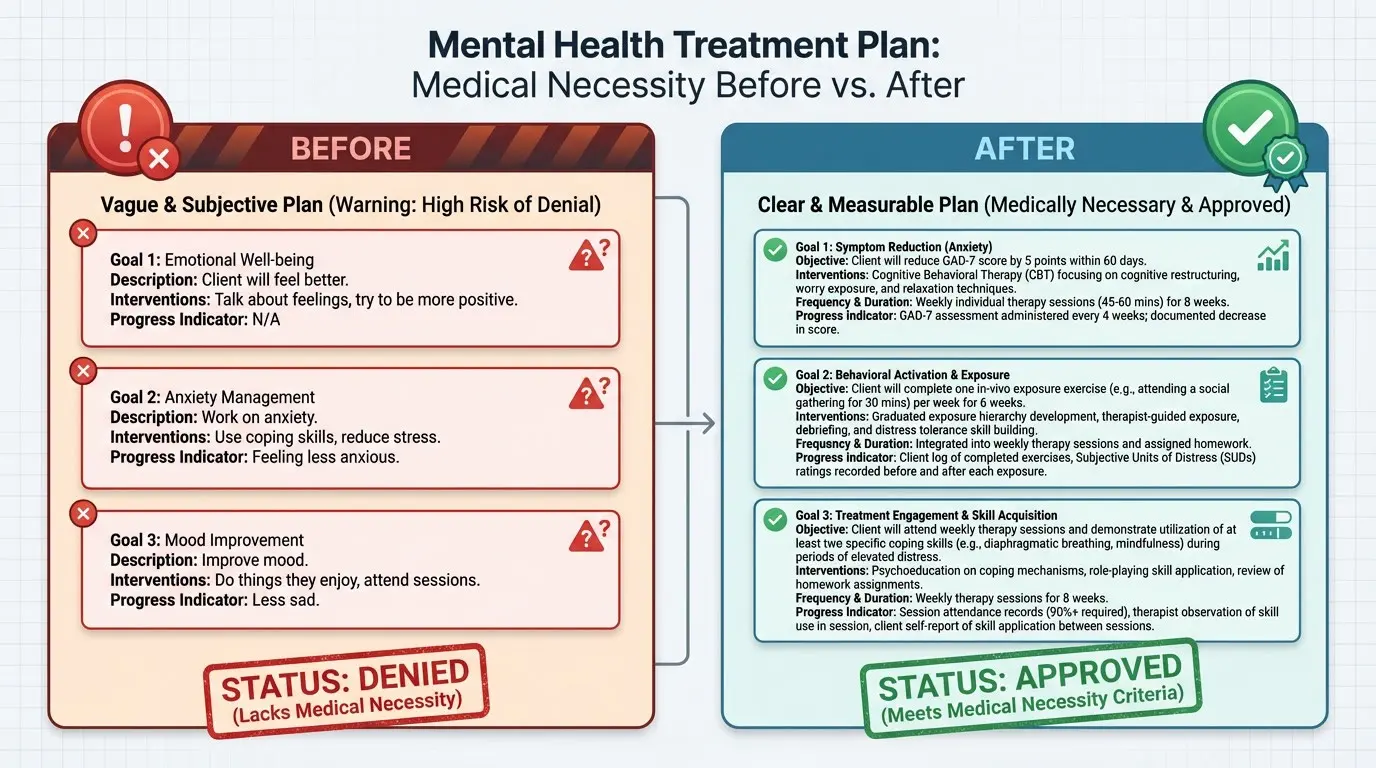Before and after example of a mental health treatment plan showing vague versus medically necessary documentation