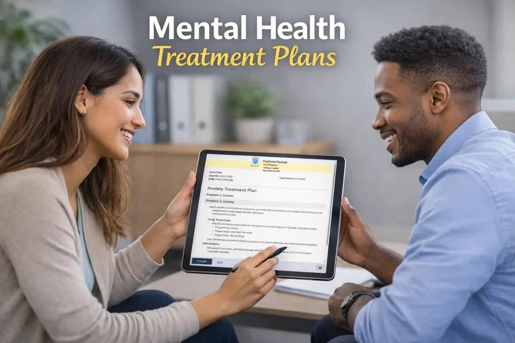 Clinician and female patient reviewing a mental health treatment plan on a tablet during a therapy session