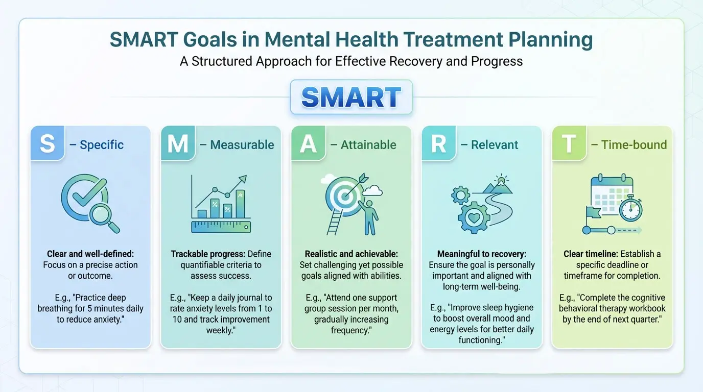 SMART goals framework for a mental health treatment plan showing specific measurable attainable relevant and time-bound goals