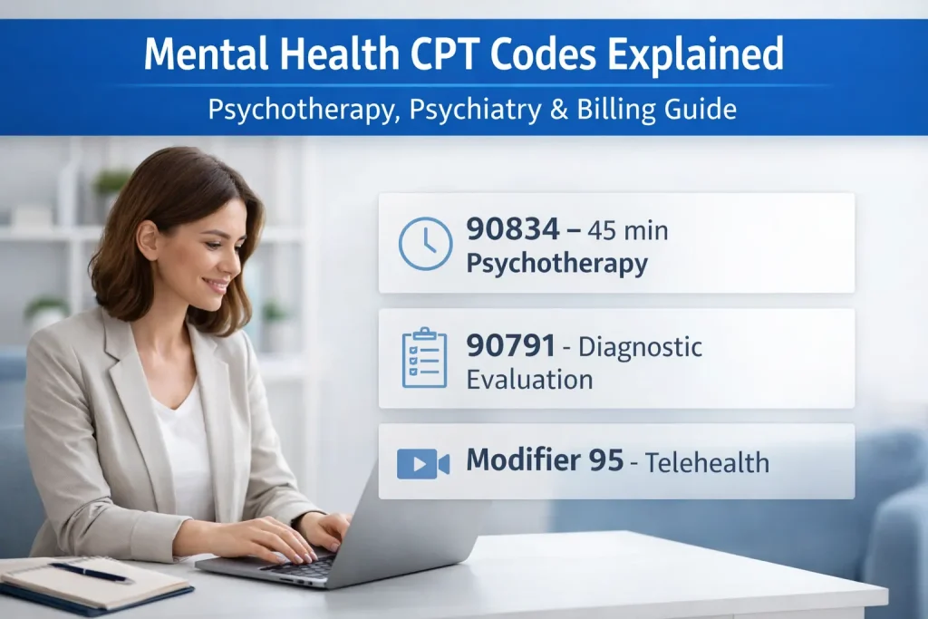 Behavioral health CPT codes for mental health including psychotherapy codes and billing examples