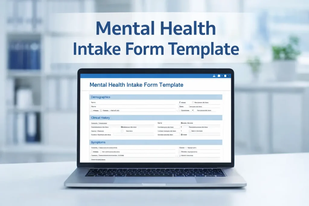 Mental health intake form template displayed on a laptop for counseling and psychiatry practices