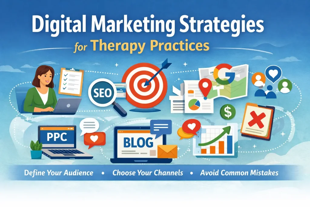 Illustration of digital marketing strategies for therapy practices including SEO, PPC, blogging, and audience targeting