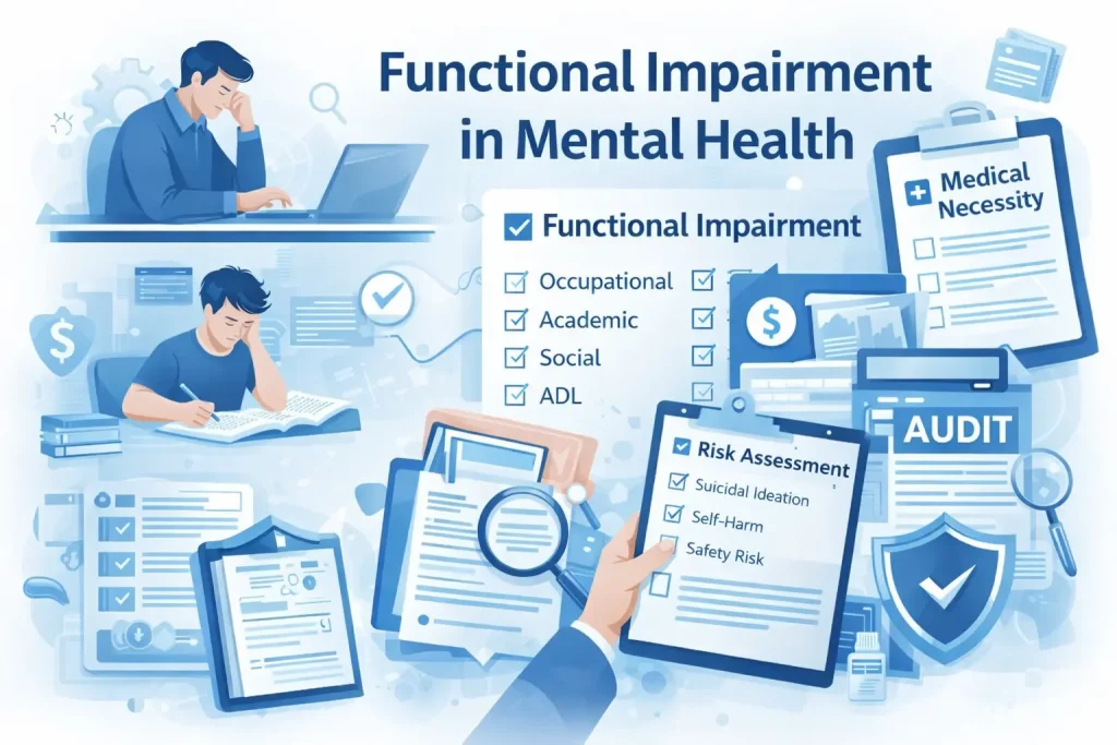 Functional impairment in mental health including medical necessity, risk assessment, and audit-ready documentation examples