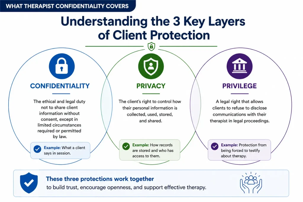 Diagram explaining therapist confidentiality including confidentiality, privacy, and privilege in mental health care