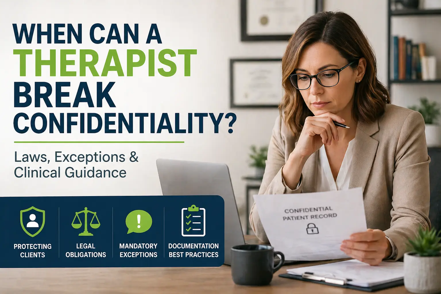Therapist reviewing confidential patient records to determine when confidentiality must be broken under legal and ethical guidelines