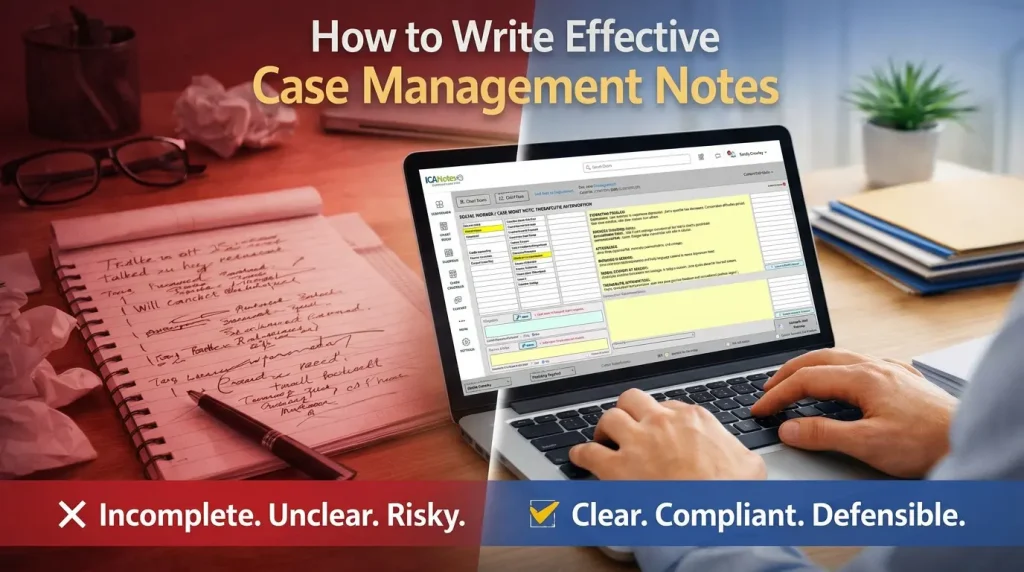 Behavioral health case management notes example showing handwritten notes versus structured digital EHR documentation