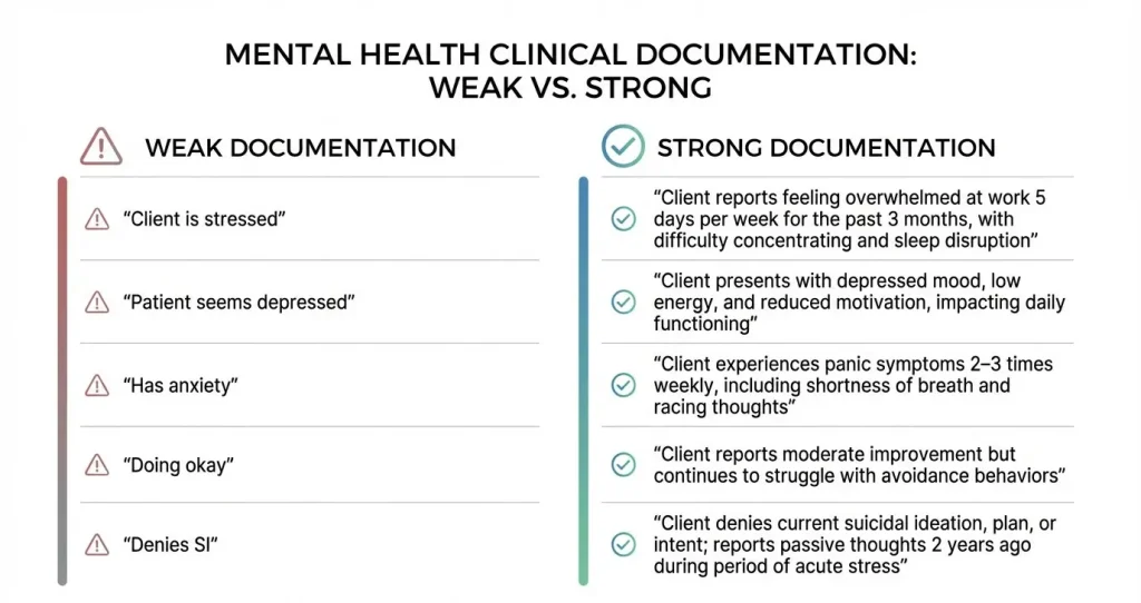 comparison of weak vs strong mental health documentation examples showing vague versus specific clinical note language