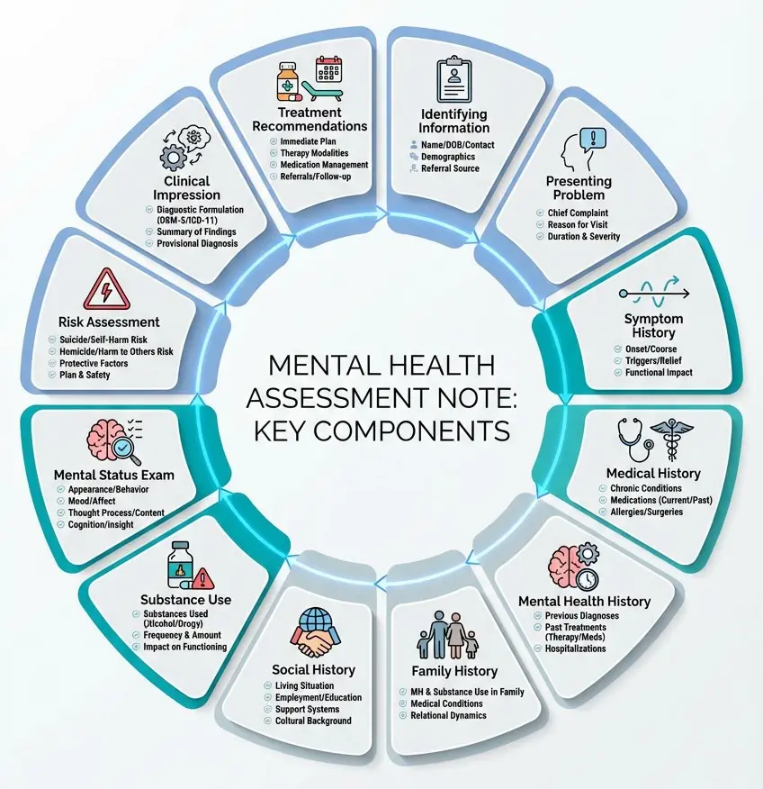 Visual showing the key components of a mental health assessment note including presenting problem, symptom history, mental status exam, and risk assessment