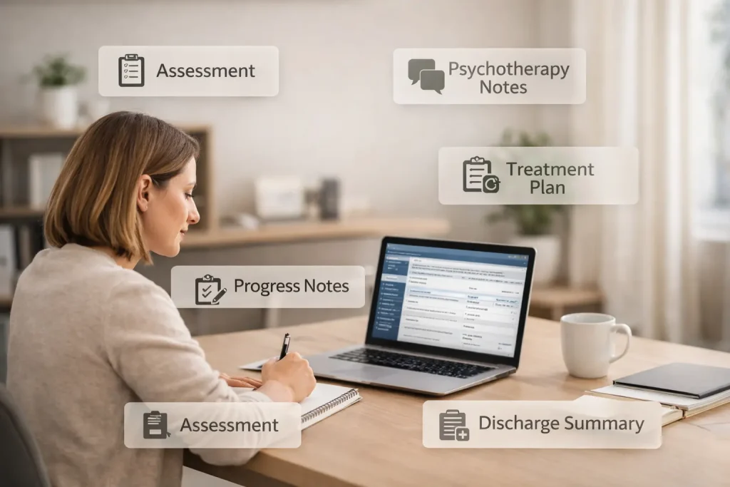 Behavioral health clinician reviewing mental health notes including assessments, progress notes, and treatment plans