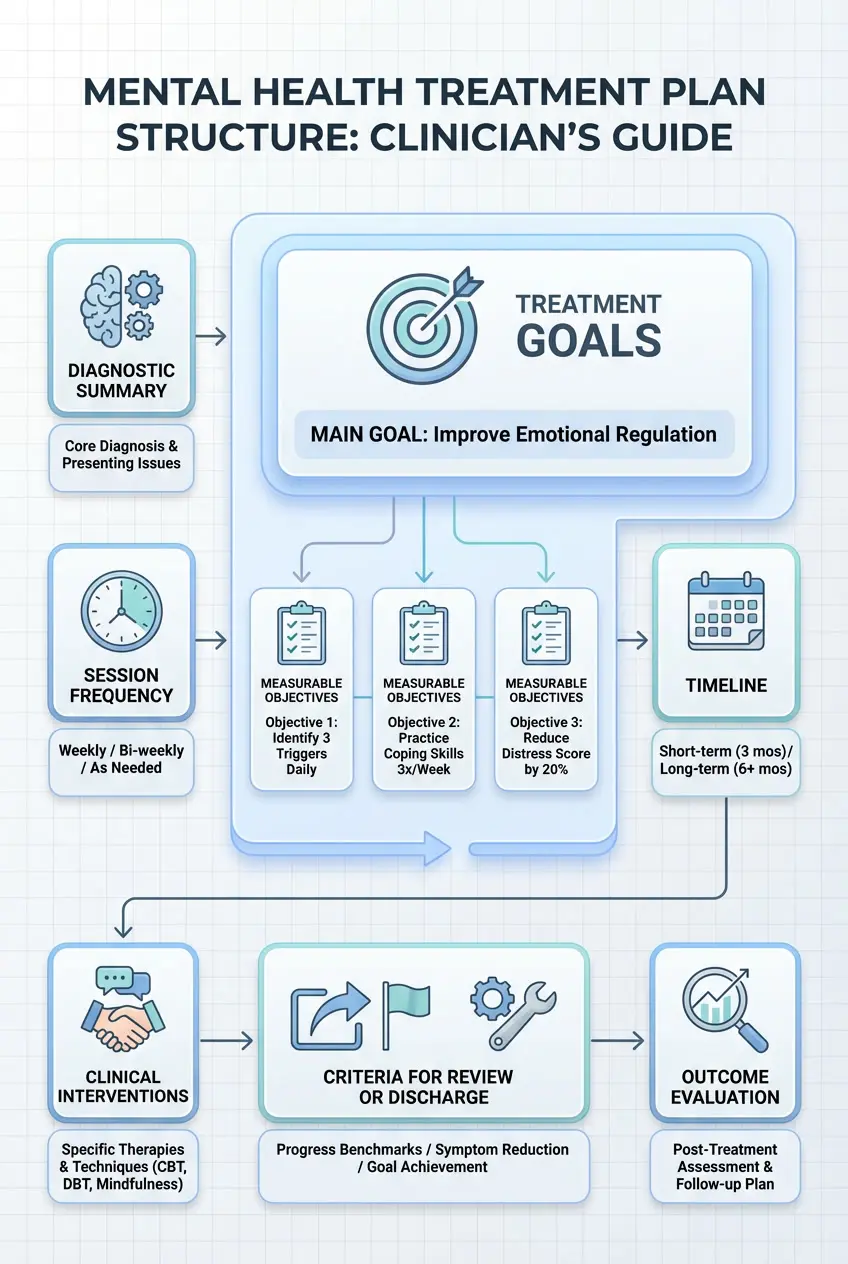 Example visual of a mental health treatment plan with goals, objectives, interventions, and timelines