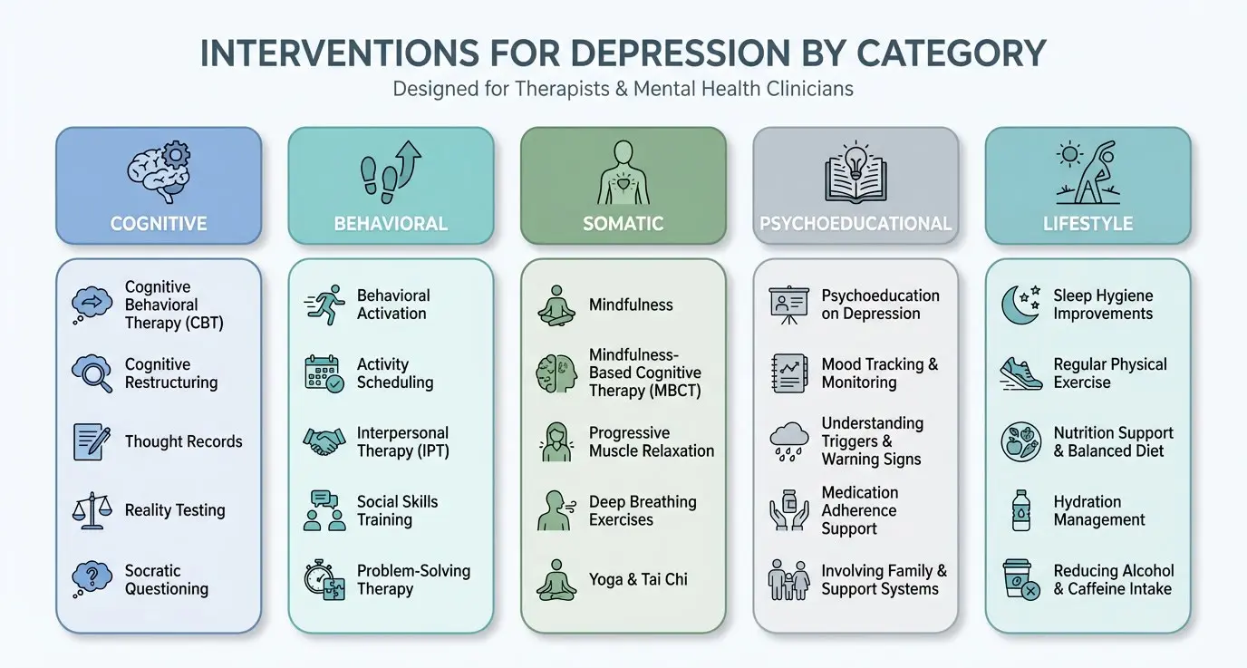 Infographic showing interventions for depression by category including cognitive, behavioral, somatic, psychoeducational, and lifestyle strategies