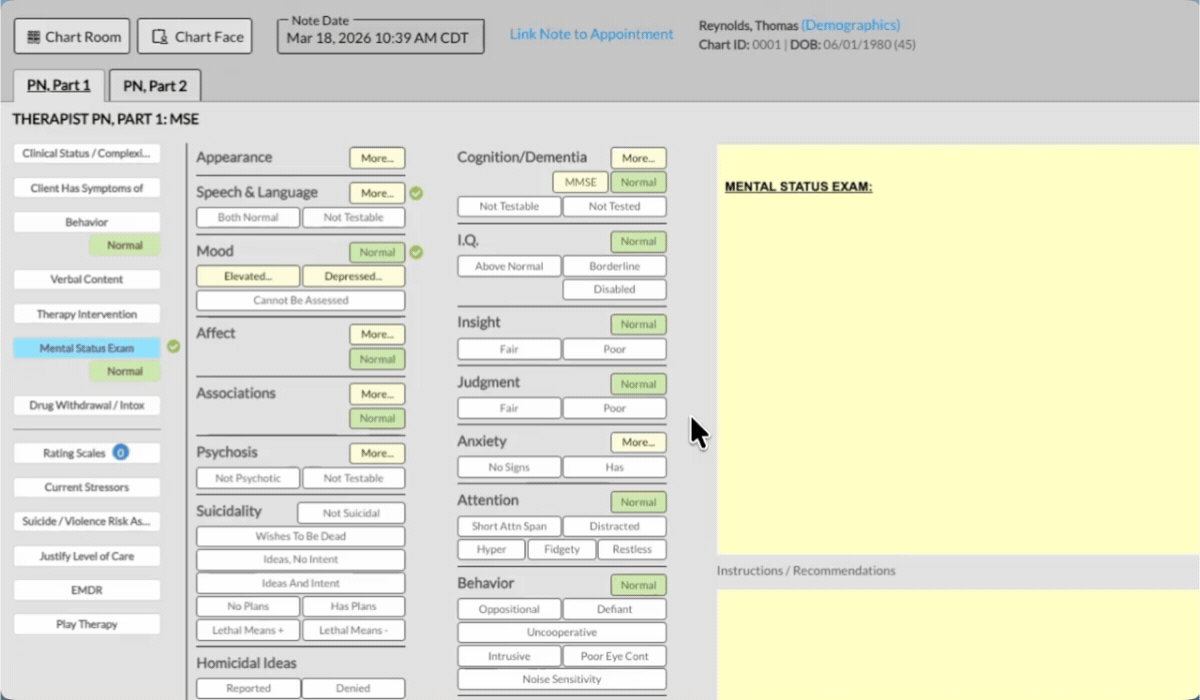 Mental status exam template displayed in ICANotes behavioral health EHR showing appearance, mood, cognition, insight, and judgment fields