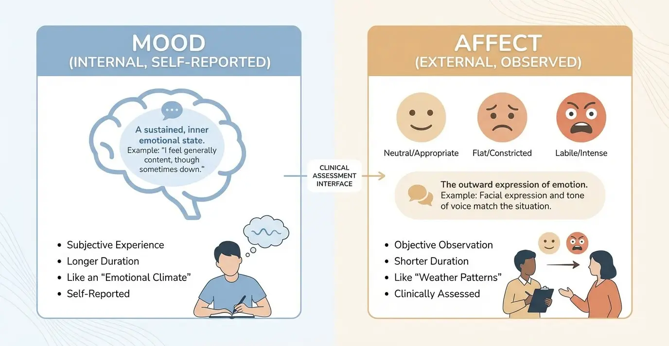 Mood vs affect infographic showing difference between internal emotional state and observable expression