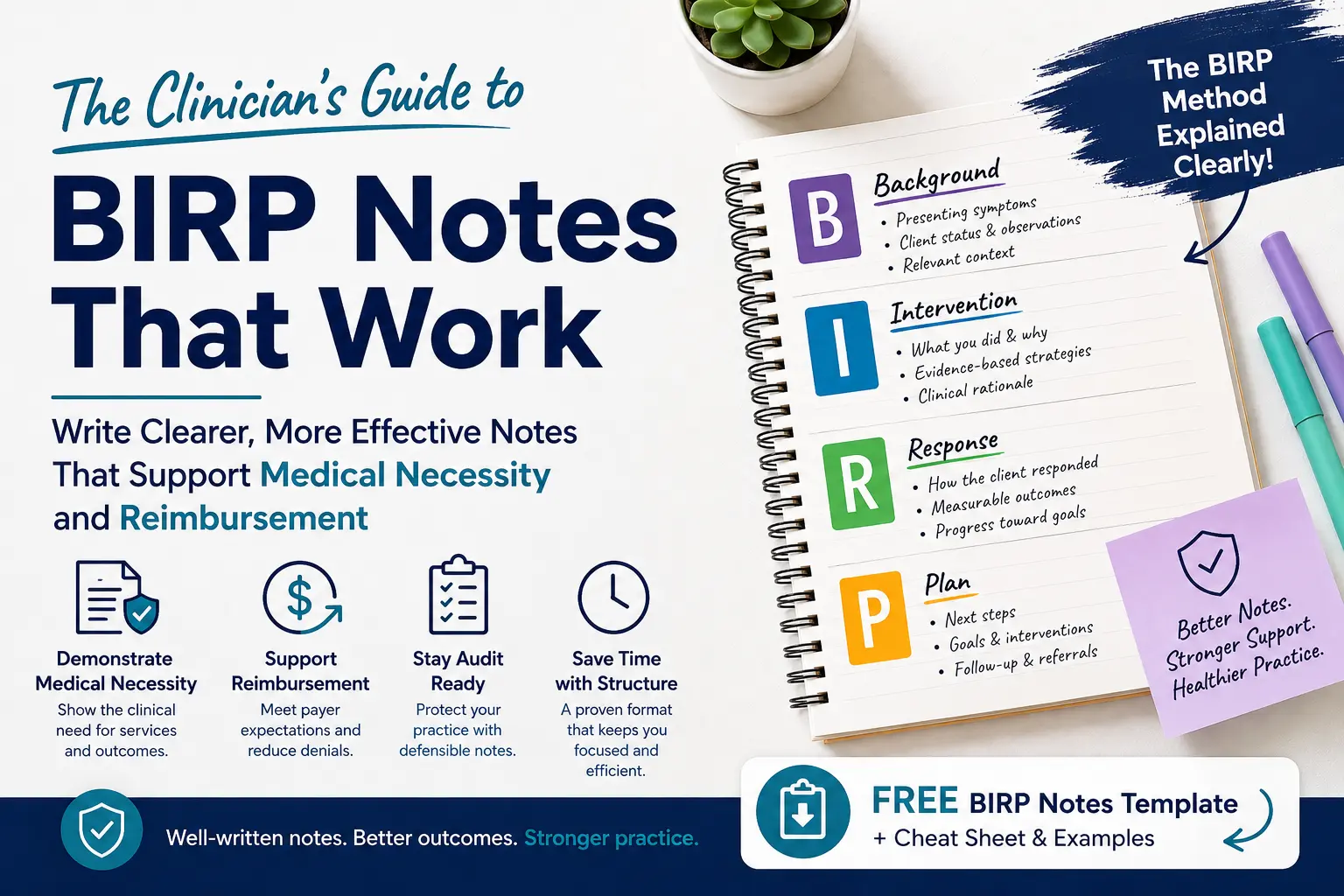 BIRP notes guide for behavioral health clinicians showing the Behavior, Intervention, Response, and Plan format used to support medical necessity, audit readiness, and reimbursement.