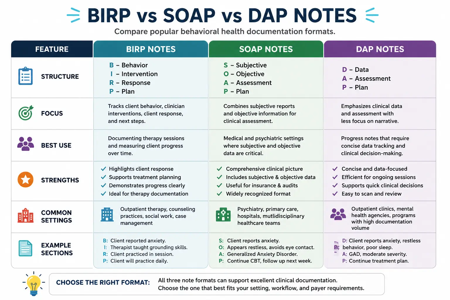 Comparison chart showing the differences between BIRP, SOAP, and DAP progress note formats used in behavioral health documentation and mental health treatment settings.