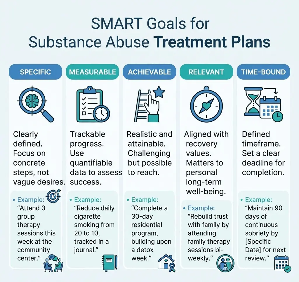 SMART goals framework for substance abuse treatment plans showing specific measurable achievable relevant and time bound goals
