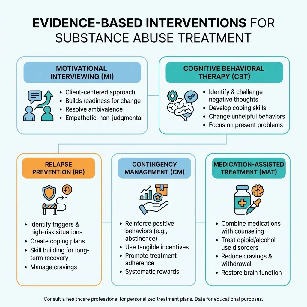 Infographic listing evidence based interventions used in substance abuse treatment plans including CBT motivational interviewing and relapse prevention