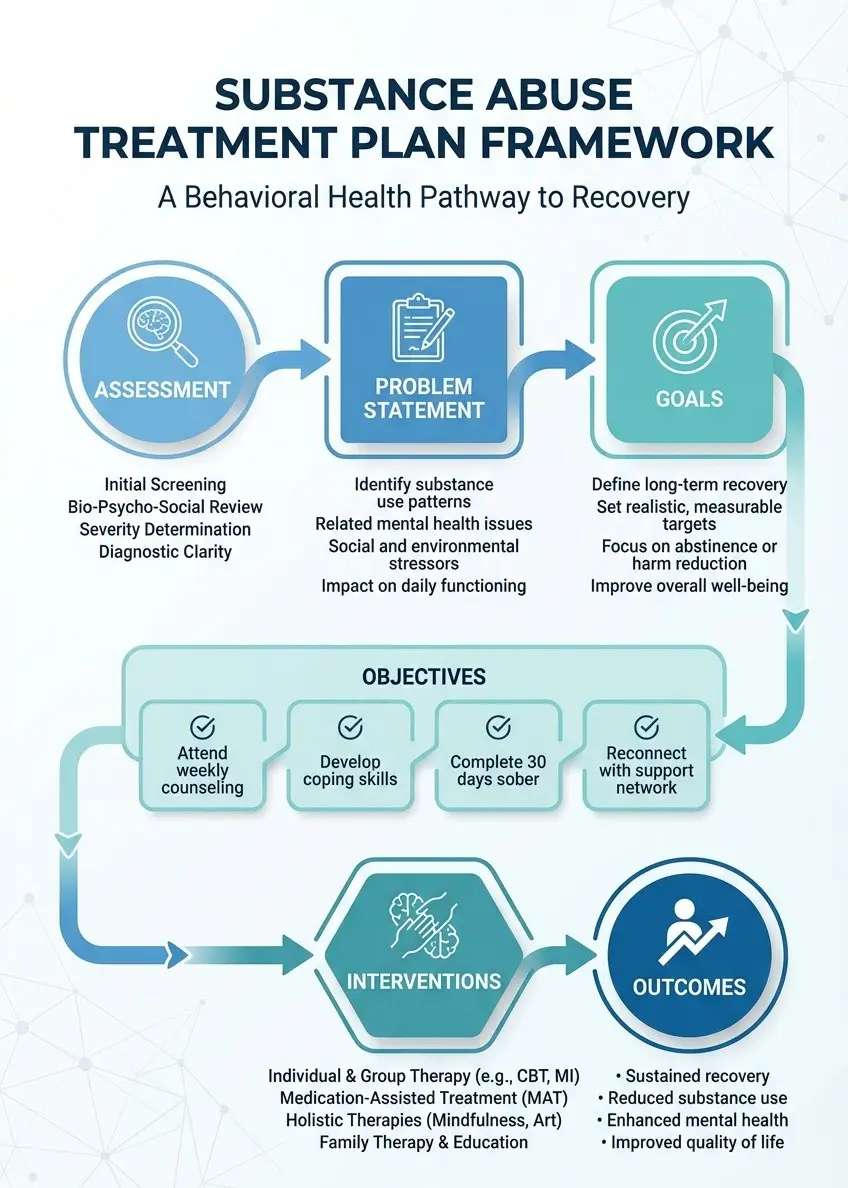 Diagram showing the components of a substance abuse treatment plan including assessment goals objectives interventions and outcomes