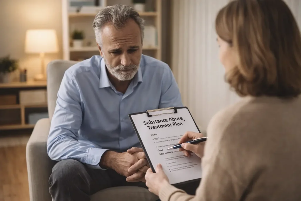 Therapist reviewing a substance abuse treatment plan with a client during a counseling session
