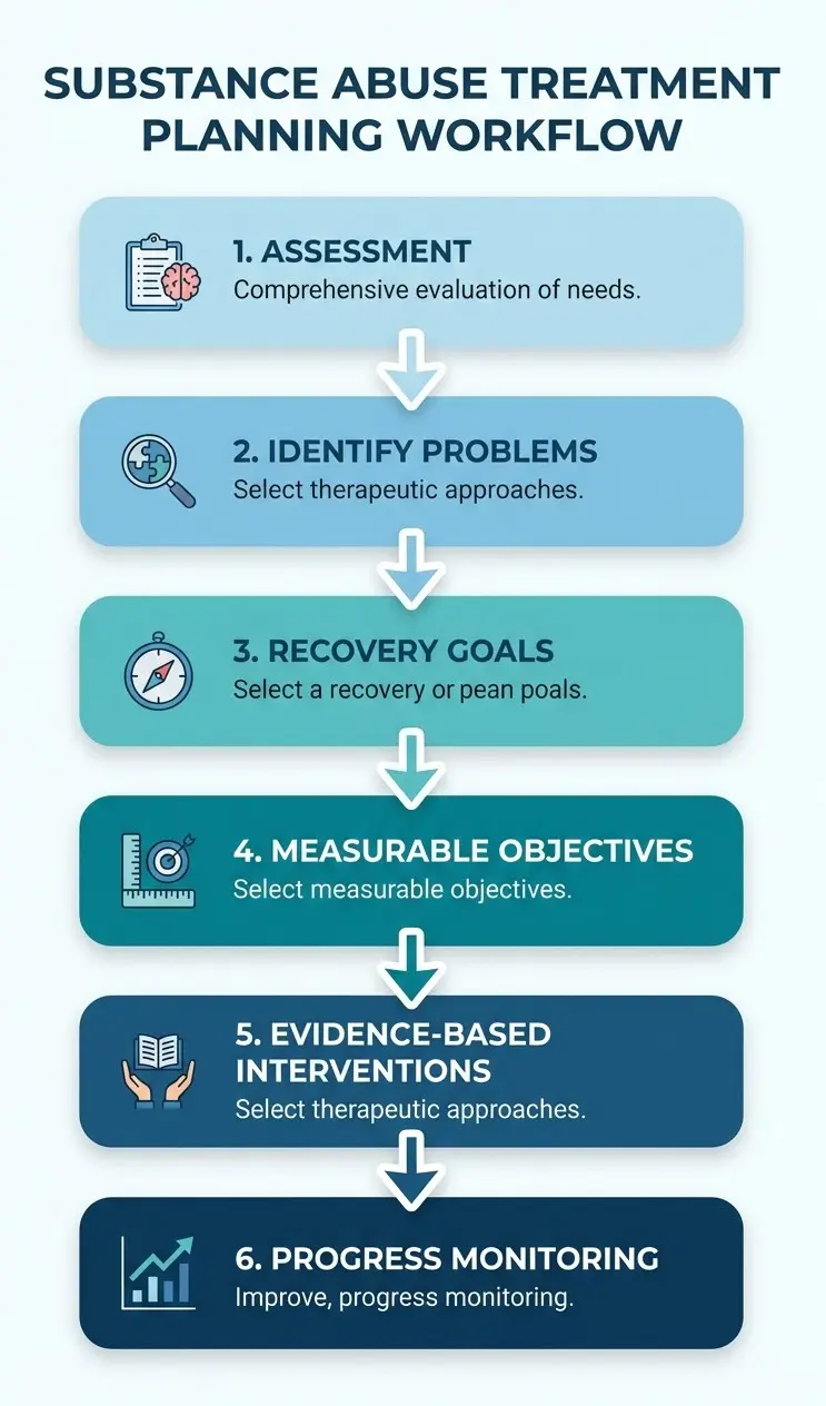 Workflow diagram showing the steps in creating a substance abuse and addiction treatment plan including assessment goals objectives interventions and progress monitoring