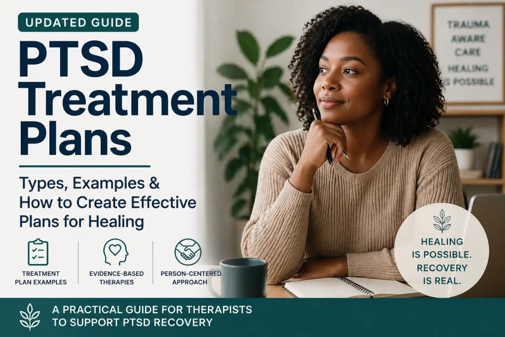 African American clinician reviewing PTSD treatment plan examples, goals, and objectives for trauma-informed care.