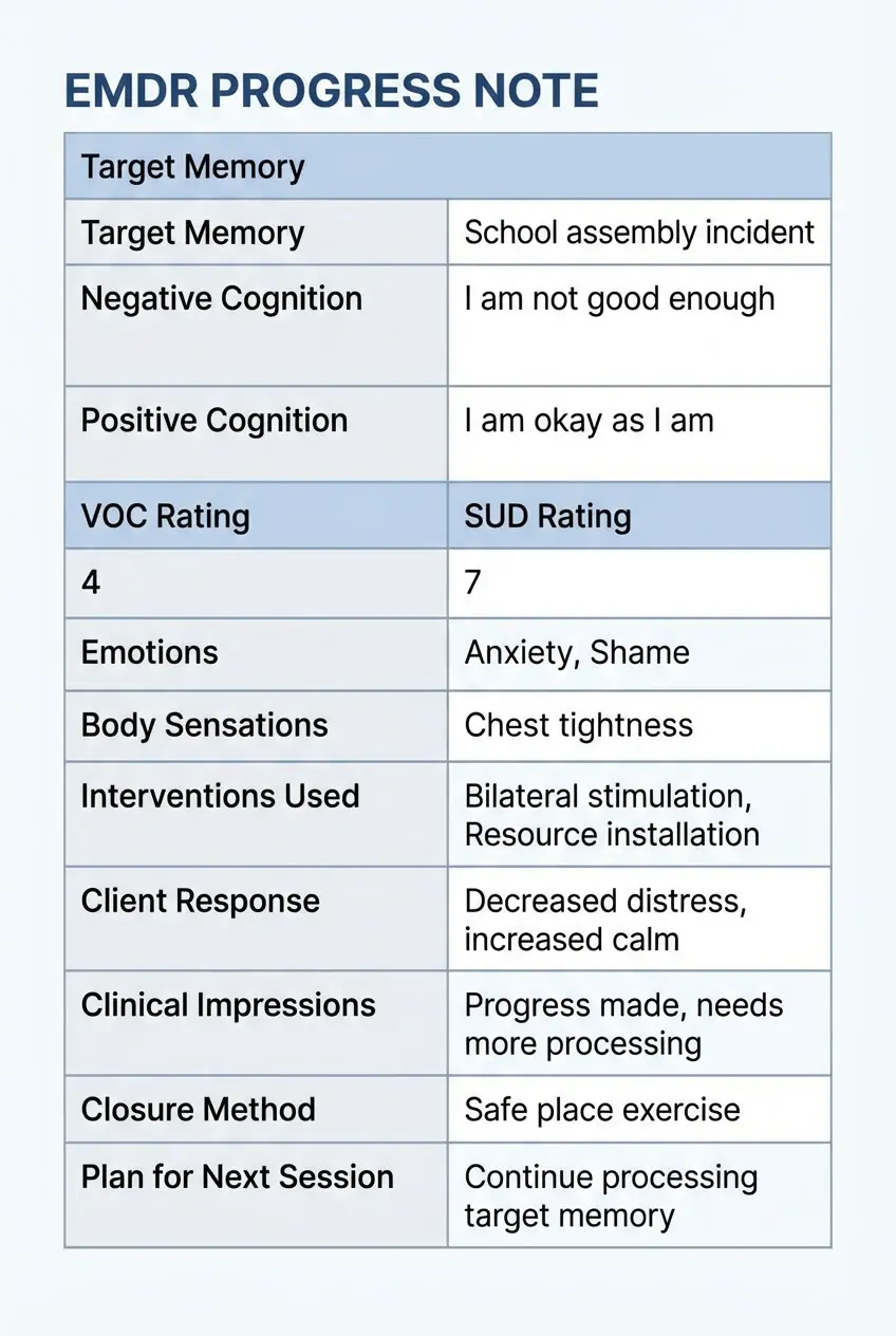 EMDR note template showing fields for progress notes including target memory, cognitions, SUD and VOC ratings, and interventions