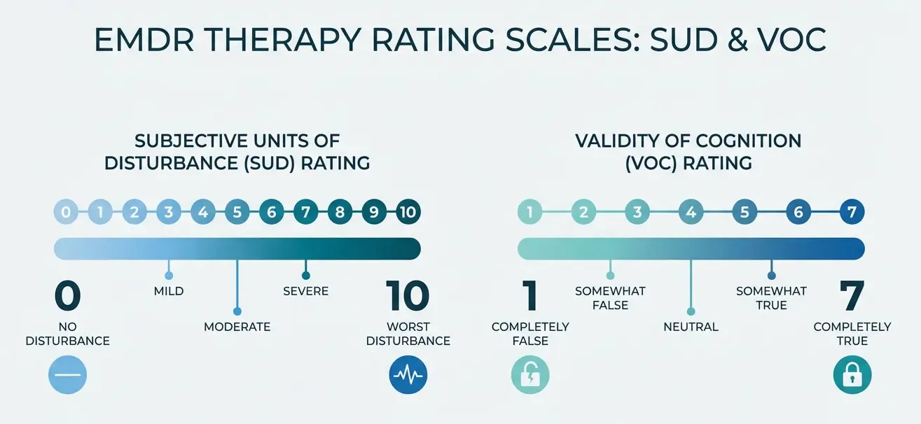 EMDR SUD and VOC scales showing subjective units of disturbance from 0 to 10 and validity of cognition from 1 to 7