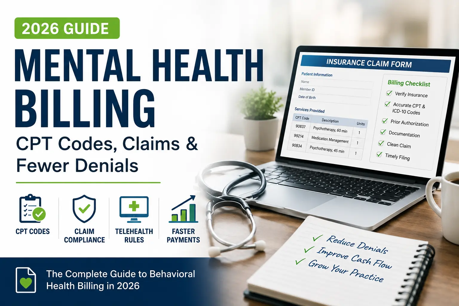 Mental health billing guide 2026 featuring CPT codes, insurance claims, behavioral health billing compliance, telehealth rules, and strategies to reduce claim denials.