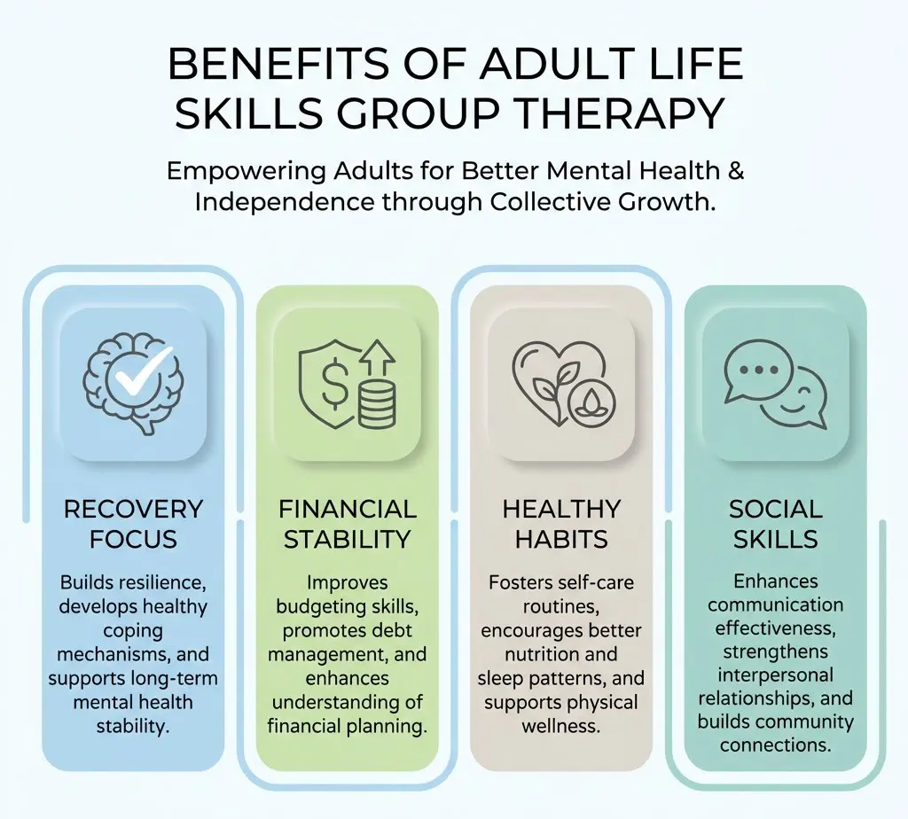 Infographic showing benefits of adult life skills group therapy including recovery focus, financial stability, healthy habits, and social skills