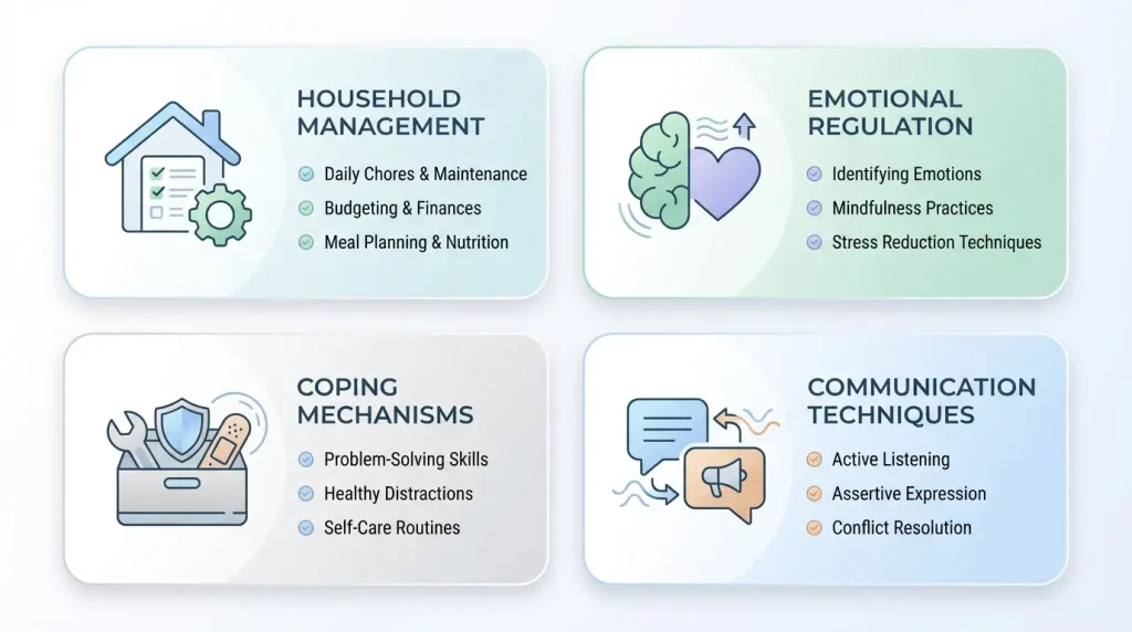 Infographic showing four important life skills for adults in group therapy: household management, emotional regulation, coping mechanisms, and communication techniques