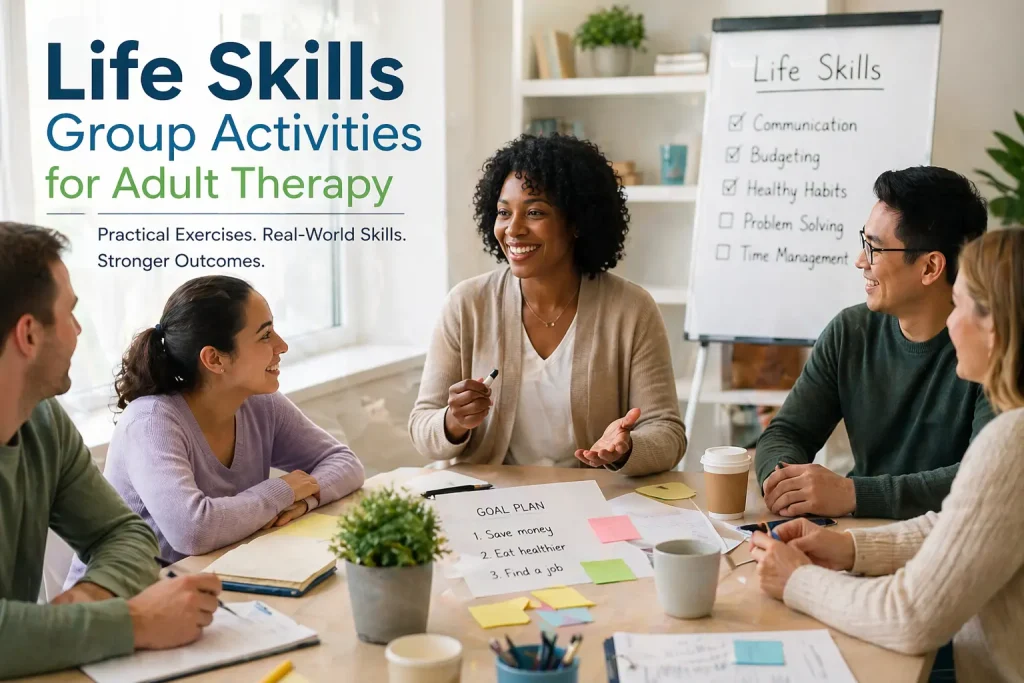 Adults participating in a life skills group therapy session, practicing communication and goal-setting activities