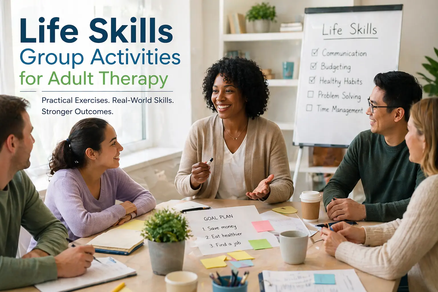 Adults participating in a life skills group therapy session, practicing communication and goal-setting activities