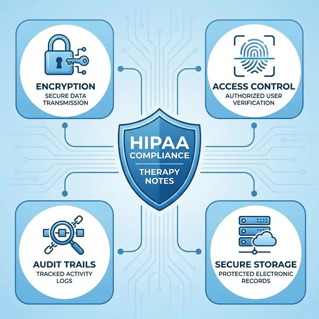 HIPAA compliance infographic showing encryption, access control, audit trails, and secure storage for therapy notes