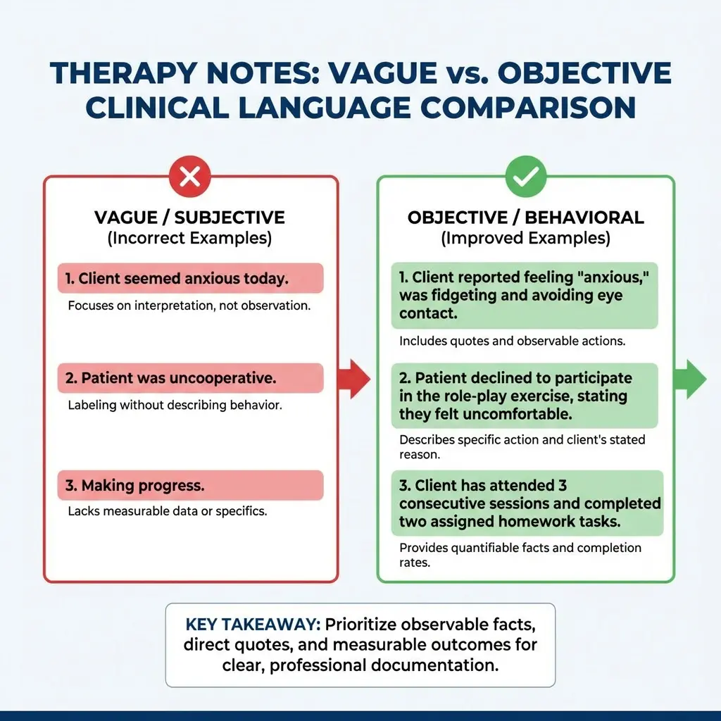 Comparison of vague vs objective language in therapy notes with examples for mental health documentation