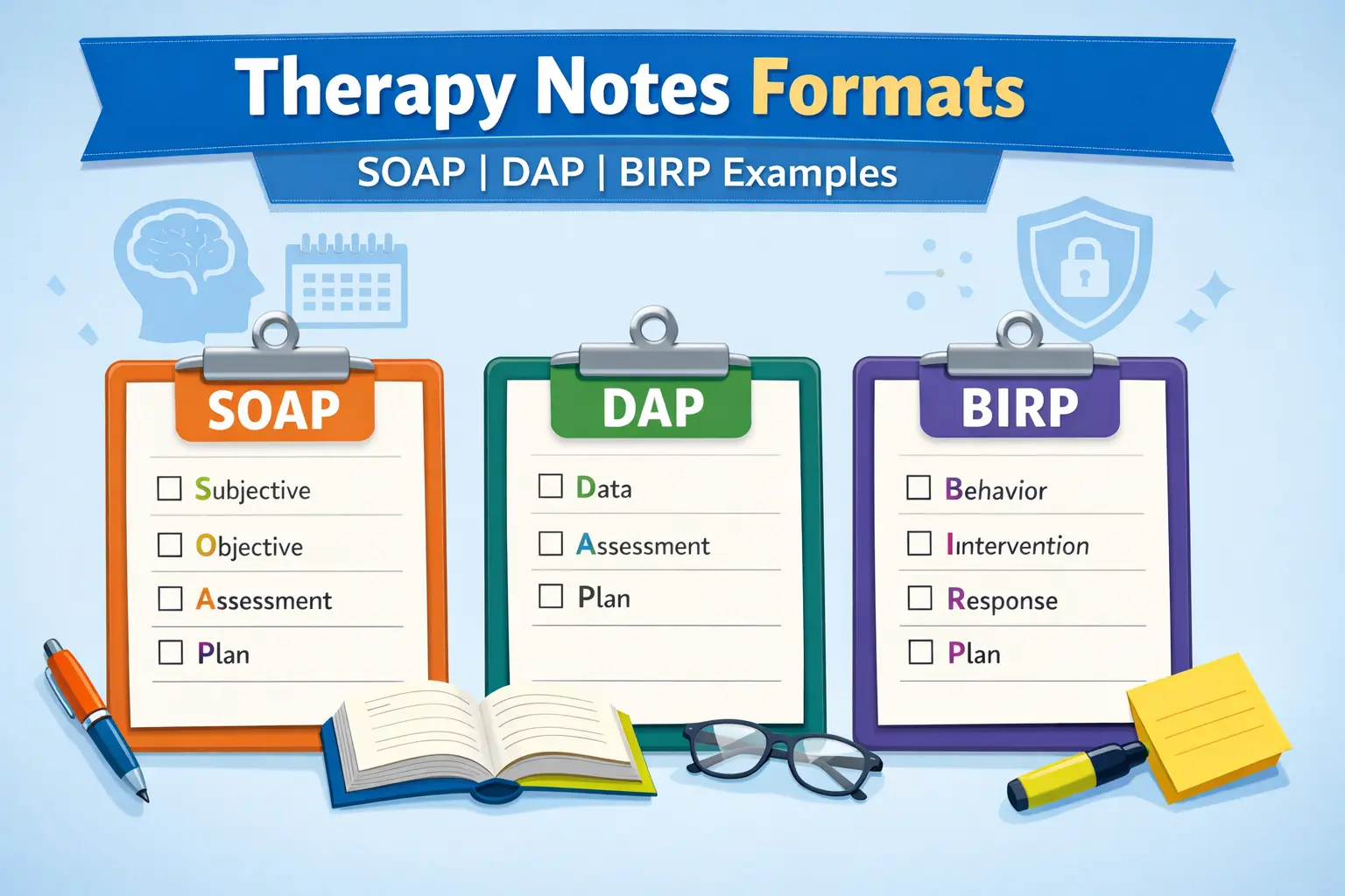 Therapy notes formats including SOAP, DAP, and BIRP used by mental health clinicians