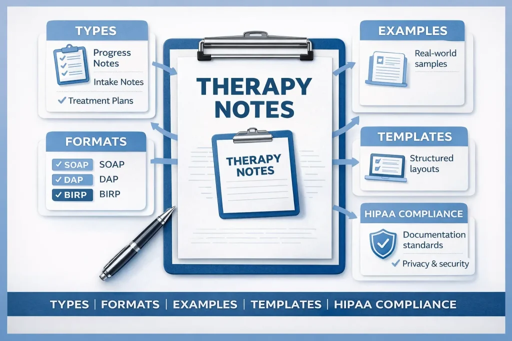 Complete therapy notes guide showing types, formats, examples, templates, and HIPAA documentation