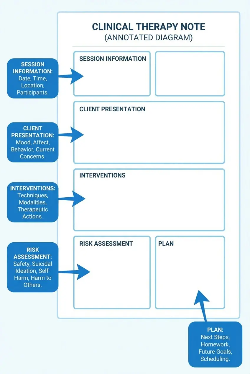 Annotated diagram of a therapy note showing session information, client presentation, interventions, risk assessment, and plan