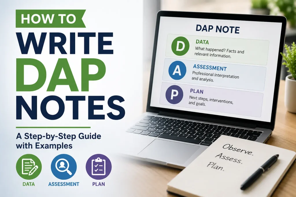 Laptop displaying a DAP note template with Data, Assessment, and Plan sections for behavioral health documentation.