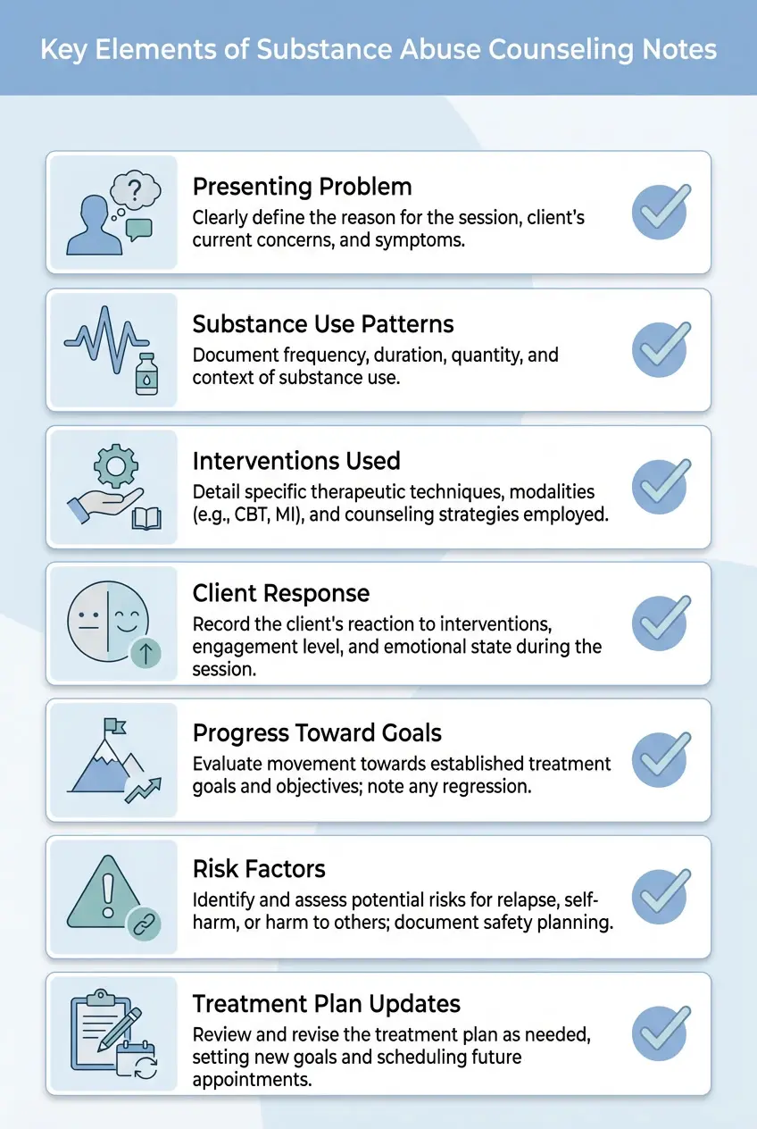 checklist of key elements in substance abuse counseling notes including interventions client response and treatment progress