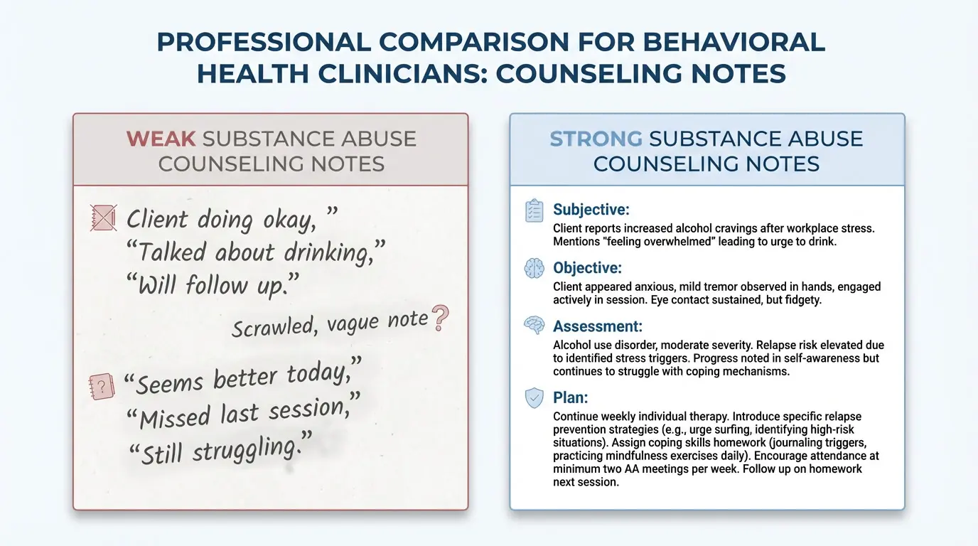 comparison of weak vs strong substance abuse counseling notes showing poor documentation versus structured SOAP format
