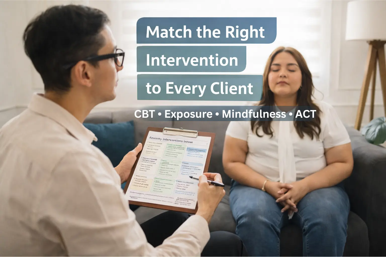 therapist reviewing anxiety intervention flowchart with client selecting CBT exposure mindfulness or ACT techniques