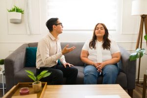 A therapist is performing an intervention for anxiety with a client during session.