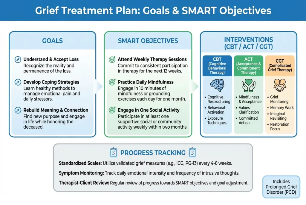 Grief treatment plan infographic showing goals, SMART objectives, CBT ACT CGT interventions, and progress tracking for clinicians