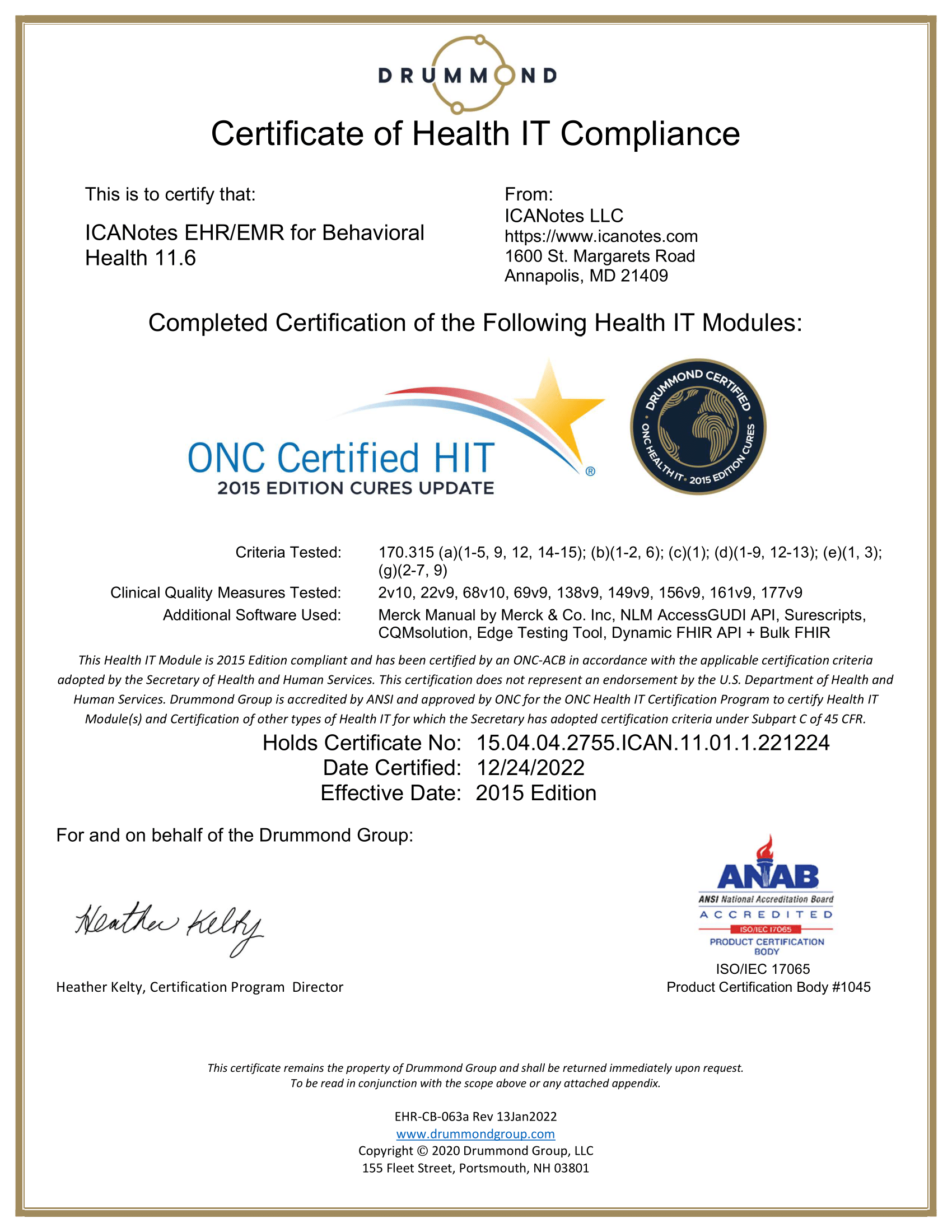 Certificate ICANotes EHR_EMR for Behavioral Health 11.6 27122022-1